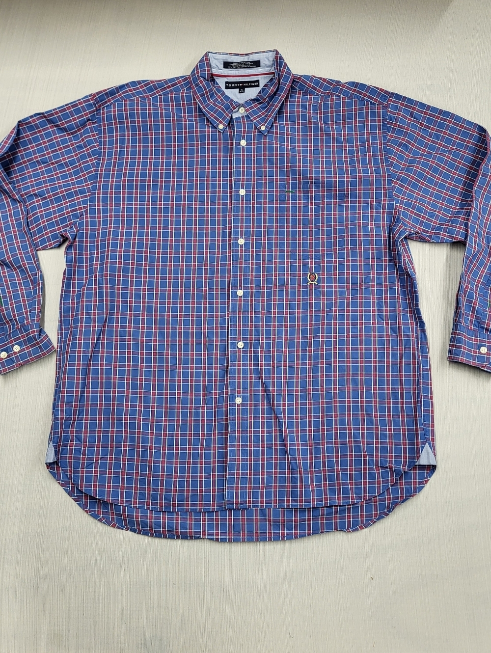 Tommy Hilfiger Mens Button Down Shirt Sz XL Blue Red Plaid Check Long Sleeve